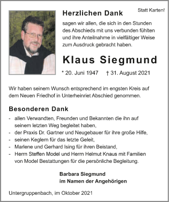 Traueranzeige von Klaus Siegmund von GESAMT