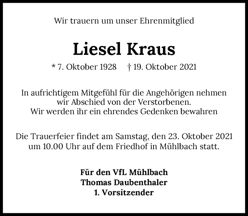  Traueranzeige für Liese Kraus vom 22.10.2021 aus GESAMT