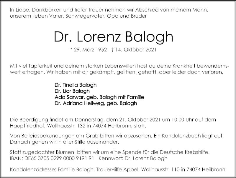  Traueranzeige für Lorenz Balogh vom 16.10.2021 aus GESAMT