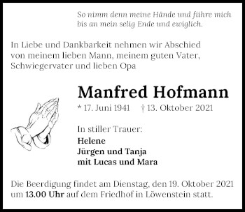 Traueranzeige von Manfred Hofmann von GESAMT
