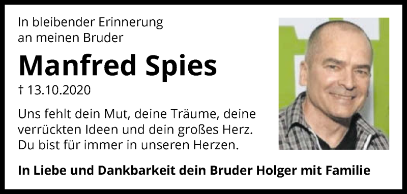  Traueranzeige für Manfred Spies vom 13.10.2021 aus GESAMT