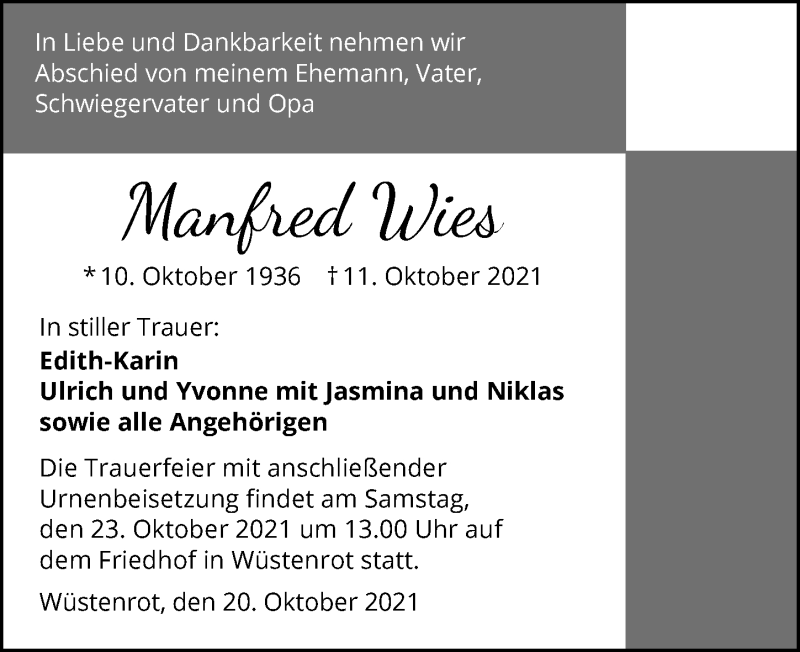  Traueranzeige für Manfred Wies vom 20.10.2021 aus GESAMT