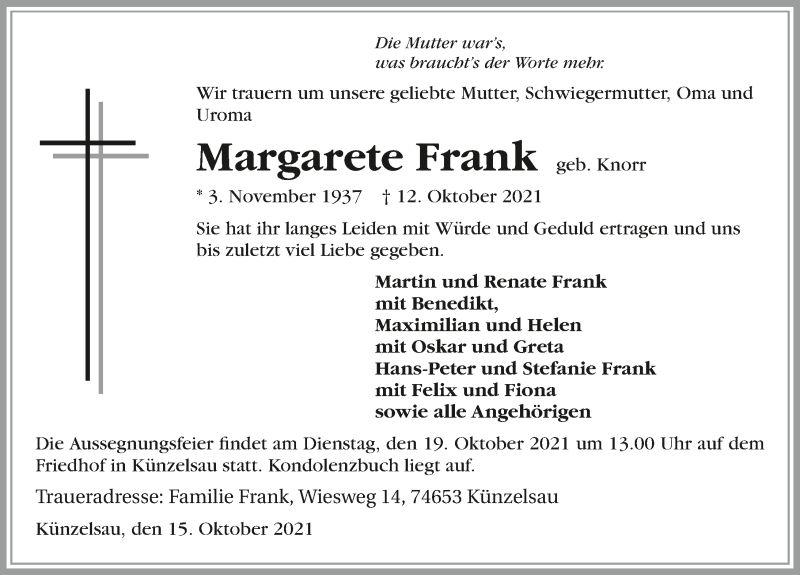  Traueranzeige für Margarete Frank vom 15.10.2021 aus GESAMT