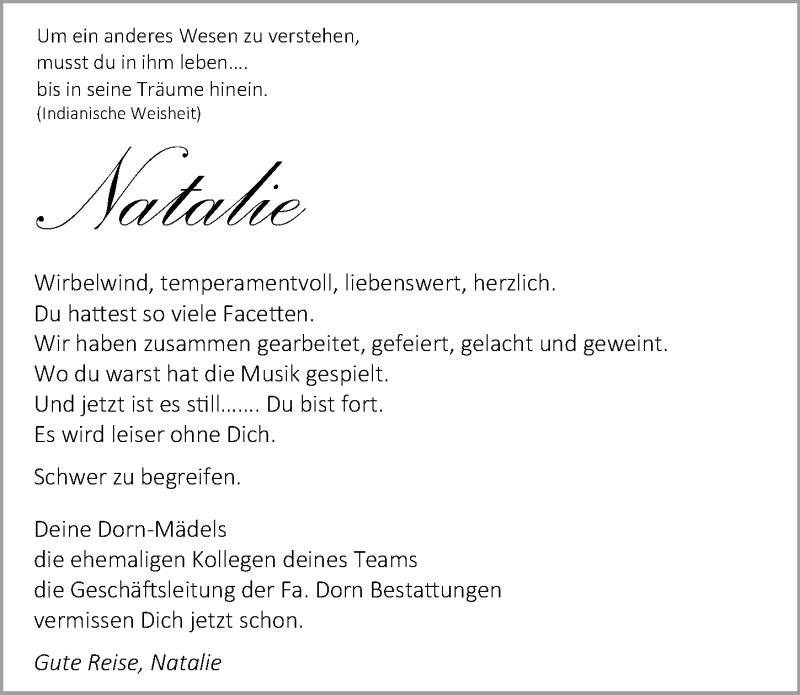  Traueranzeige für Natalie Schoch vom 06.10.2021 aus GESAMT
