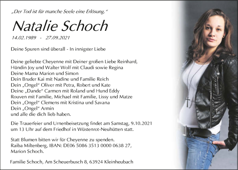  Traueranzeige für Natalie Schoch vom 06.10.2021 aus GESAMT