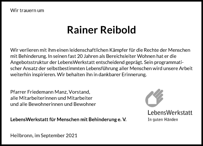  Traueranzeige für Rainer Reibold vom 02.10.2021 aus GESAMT