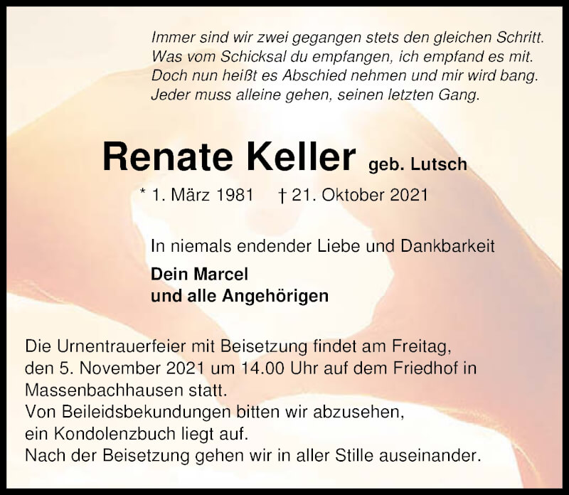  Traueranzeige für Renate Keller vom 30.10.2021 aus GESAMT