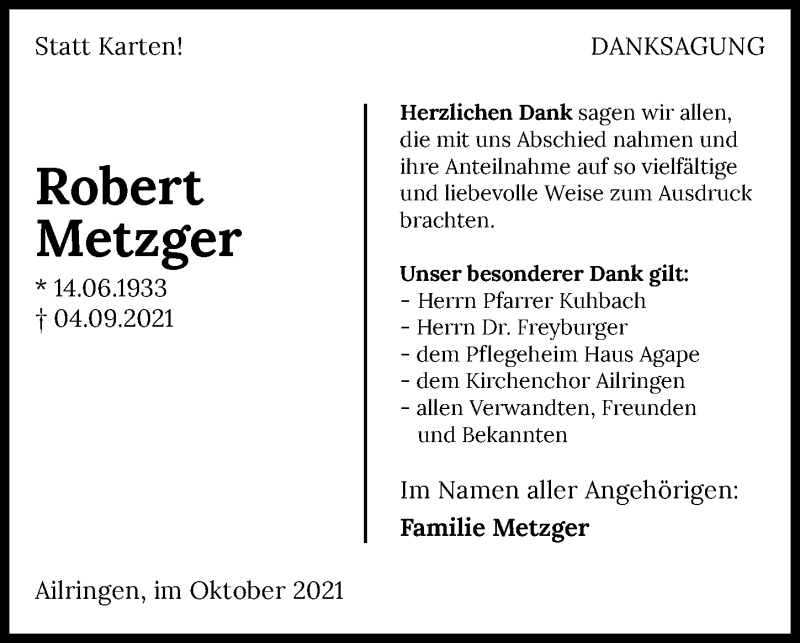 Traueranzeige für Robert Metzger vom 08.10.2021 aus GESAMT