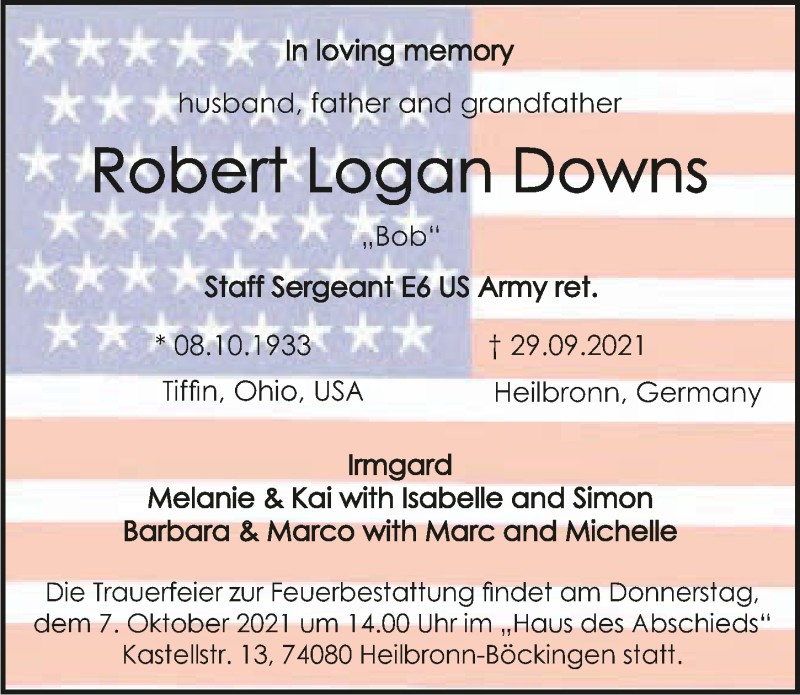  Traueranzeige für Robert Logan Downs vom 02.10.2021 aus GESAMT