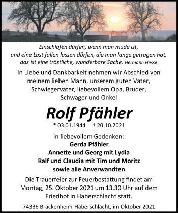 Traueranzeige von Rolf Pfähler von GESAMT