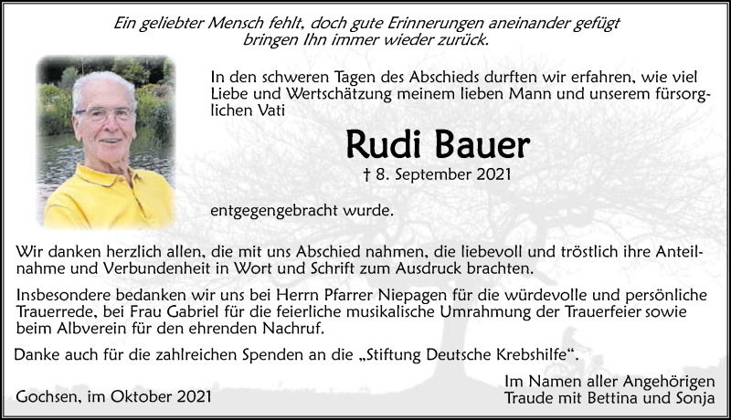  Traueranzeige für Rudi Bauer vom 09.10.2021 aus GESAMT