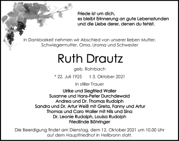 Traueranzeige von Ruth Drautz von GESAMT