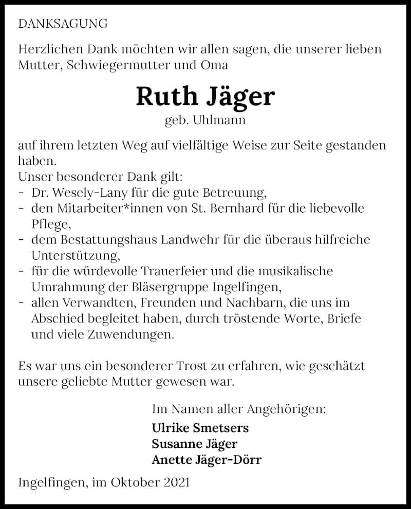  Traueranzeige für Ruth Jäger vom 30.10.2021 aus GESAMT