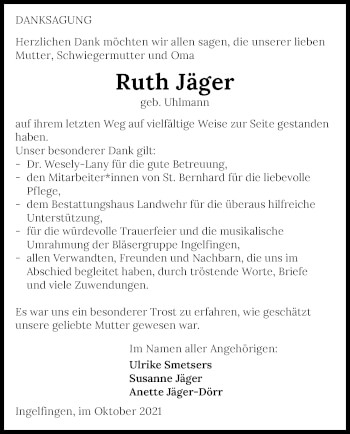 Traueranzeige von Ruth Jäger von GESAMT