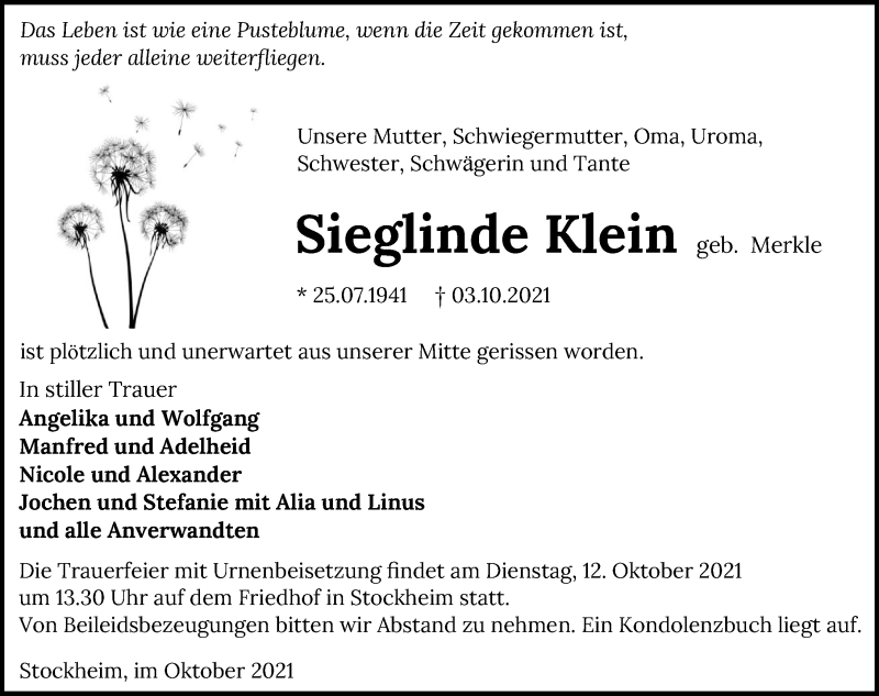  Traueranzeige für Sieglinde Klein vom 09.10.2021 aus GESAMT