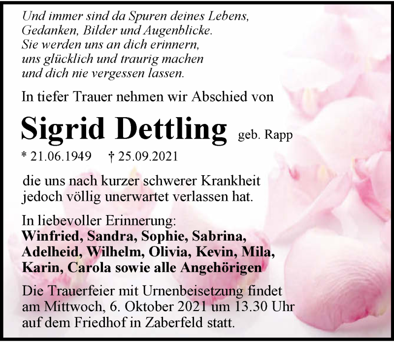  Traueranzeige für Sigrid Dettling vom 02.10.2021 aus GESAMT