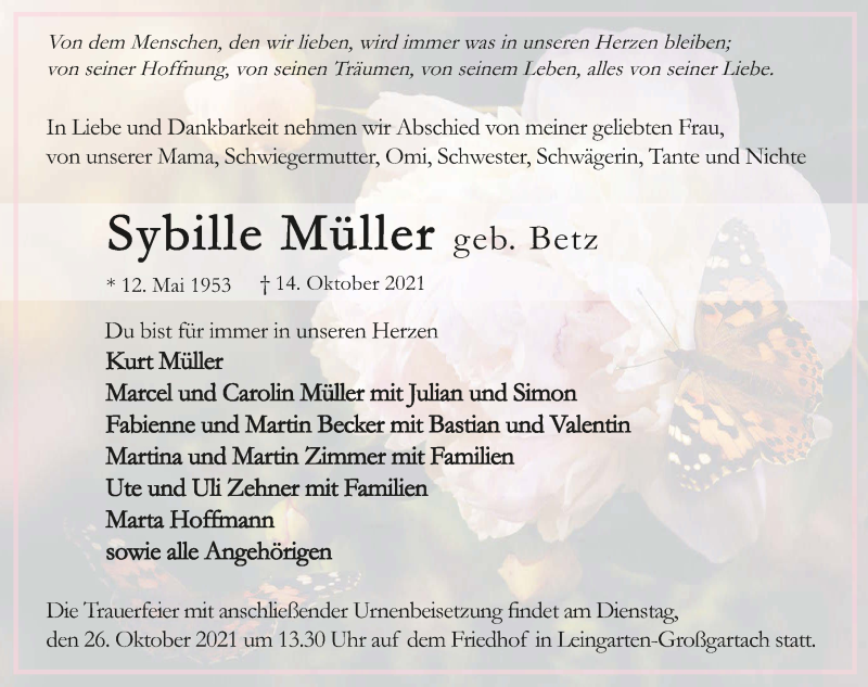  Traueranzeige für Sybille Müller vom 23.10.2021 aus GESAMT
