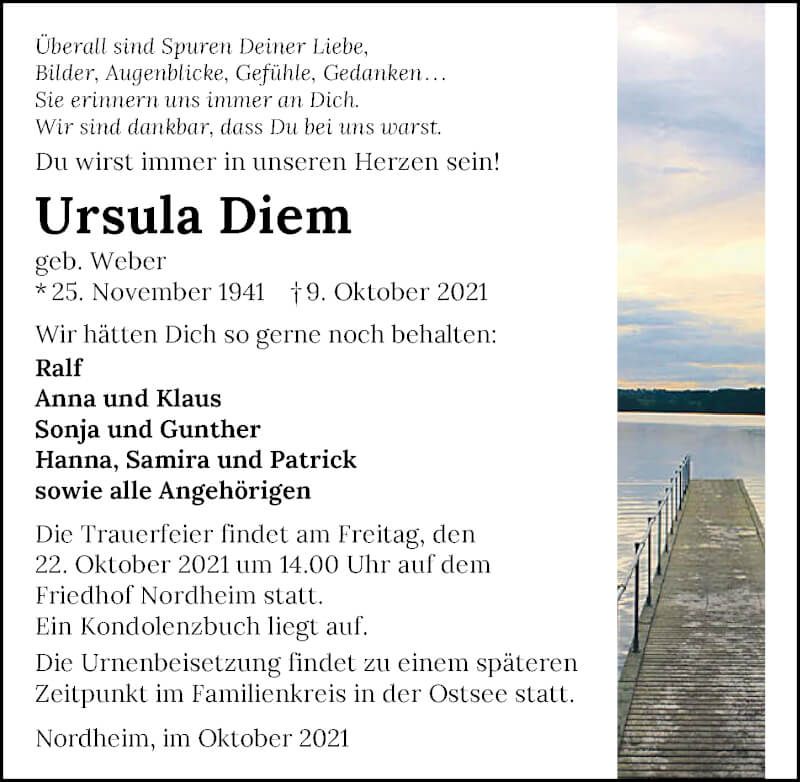  Traueranzeige für Ursula Diem vom 16.10.2021 aus GESAMT