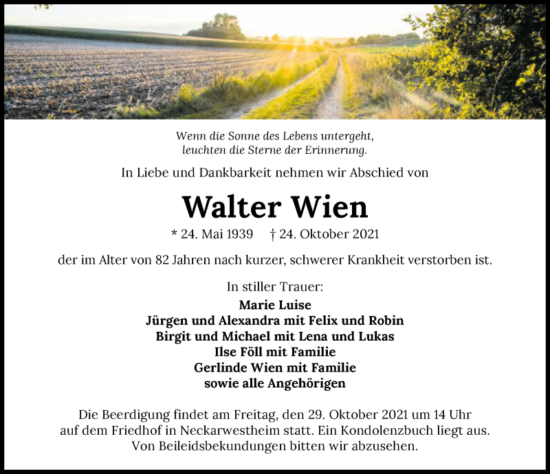  Traueranzeige für Walter Wien vom 27.10.2021 aus GESAMT