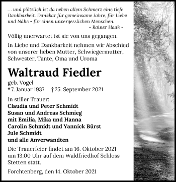 Traueranzeige von Waltraud Fiedler von GESAMT
