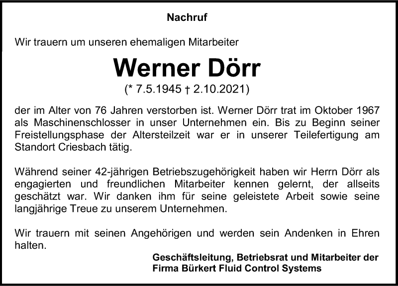  Traueranzeige für Werner Dörr vom 22.10.2021 aus GESAMT