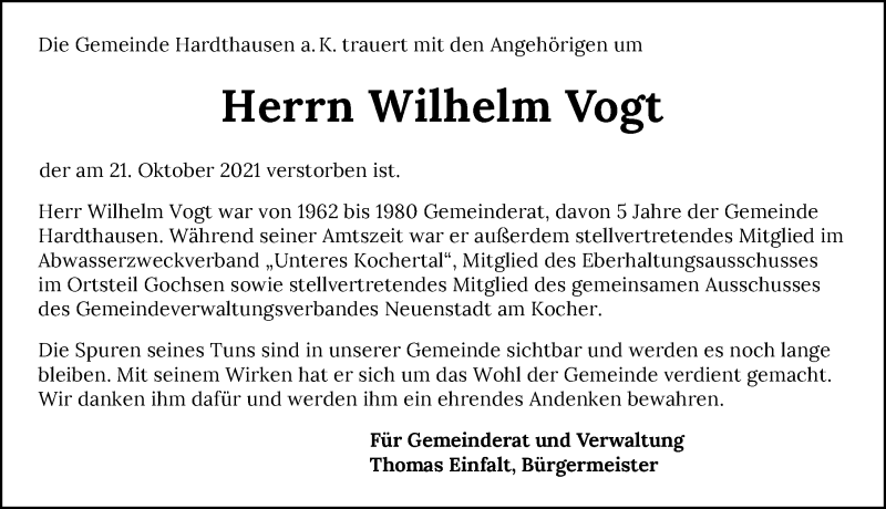  Traueranzeige für Wilhelm Vogt vom 27.10.2021 aus GESAMT