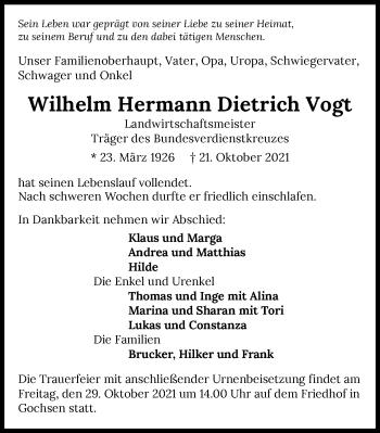 Traueranzeige von Wilhelm Hermann Dietrich Vogt von GESAMT