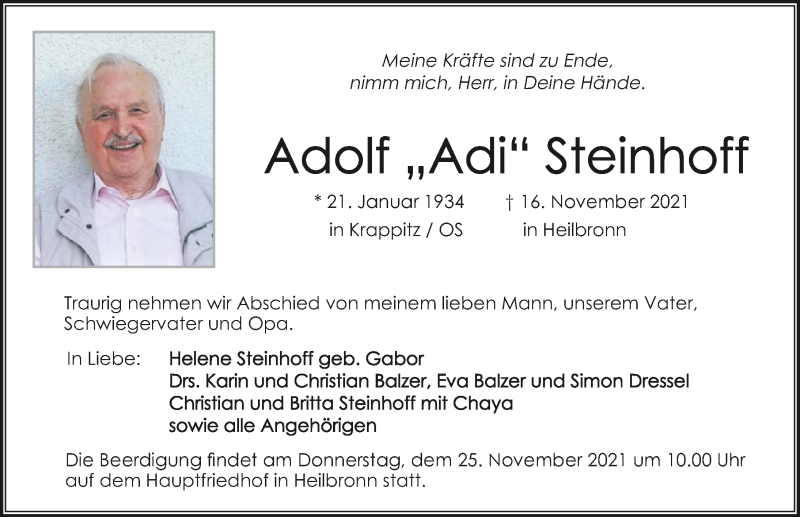  Traueranzeige für Adolf Steinhoff vom 20.11.2021 aus GESAMT
