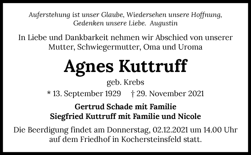  Traueranzeige für Agnes Kuttruff vom 01.12.2021 aus GESAMT
