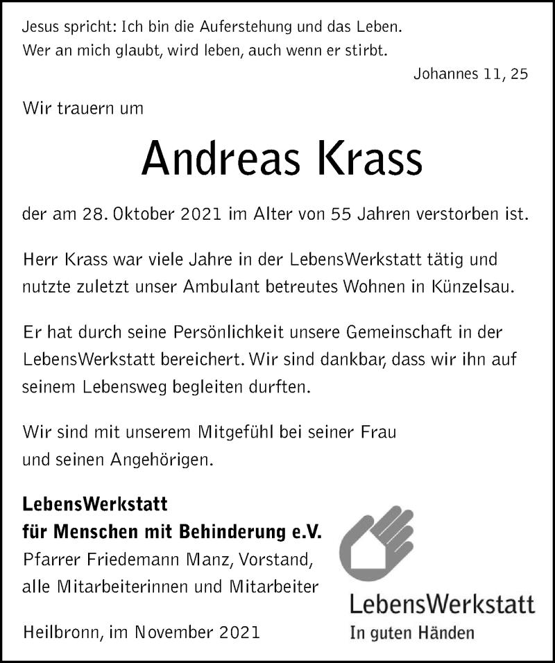  Traueranzeige für Andreas Krass vom 05.11.2021 aus GESAMT