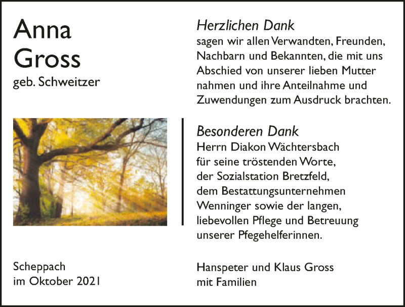  Traueranzeige für Anna Gross vom 02.11.2021 aus GESAMT