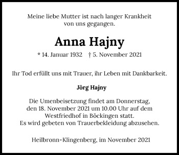 Traueranzeige von Anna Hajny von GESAMT