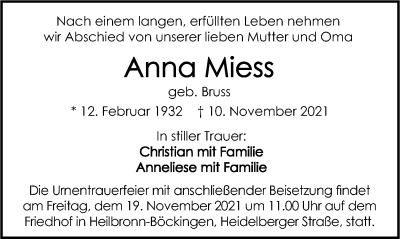  Traueranzeige für Anna Miess vom 17.11.2021 aus GESAMT