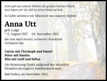Traueranzeige von Anna Utt von GESAMT