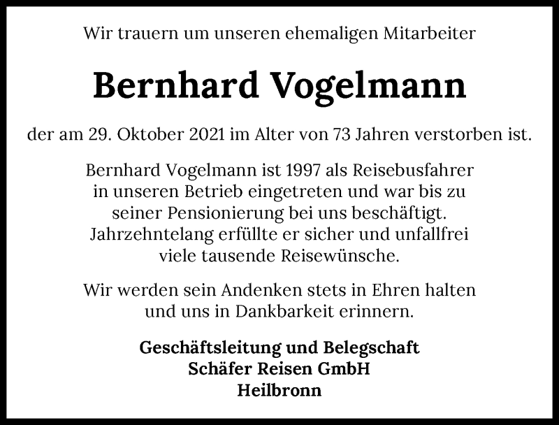  Traueranzeige für Bernhard Vogelmann vom 06.11.2021 aus GESAMT