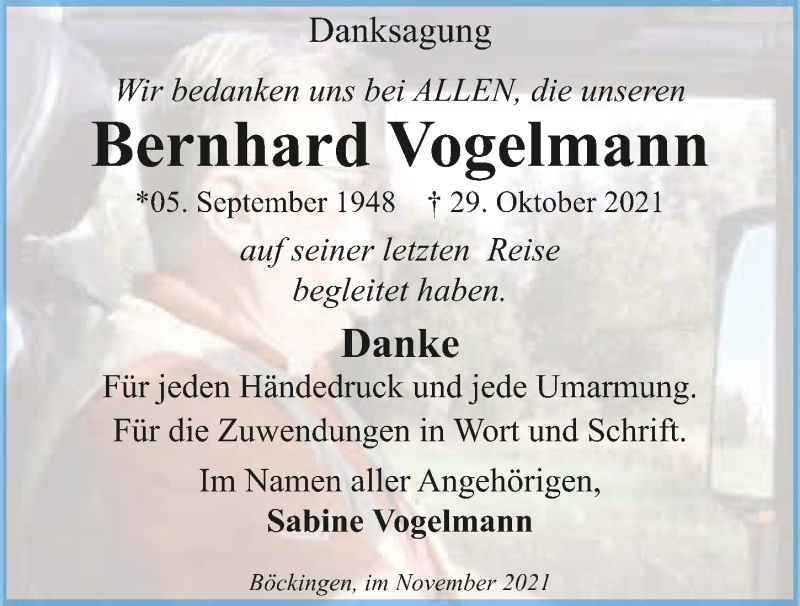 Traueranzeige für Bernhard Vogelmann vom 27.11.2021 aus GESAMT