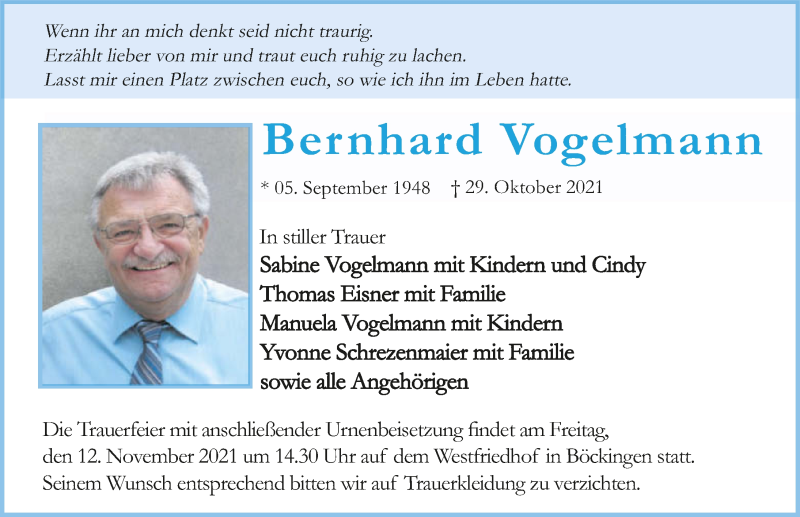  Traueranzeige für Bernhard Vogelmann vom 06.11.2021 aus GESAMT