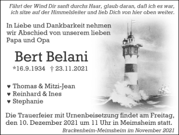 Traueranzeige von Bert Belani von GESAMT