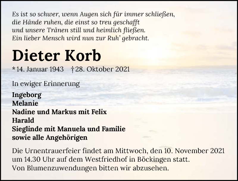  Traueranzeige für Dieter Korb vom 06.11.2021 aus GESAMT