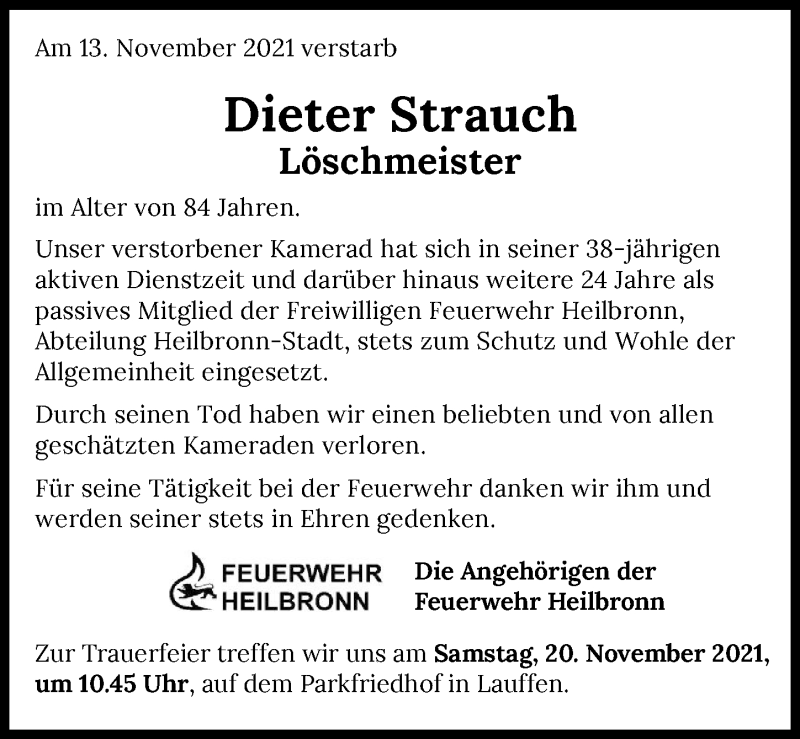  Traueranzeige für Dieter Strauch vom 17.11.2021 aus GESAMT