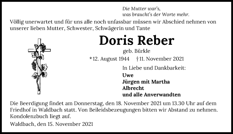  Traueranzeige für Doris Reber vom 15.11.2021 aus GESAMT