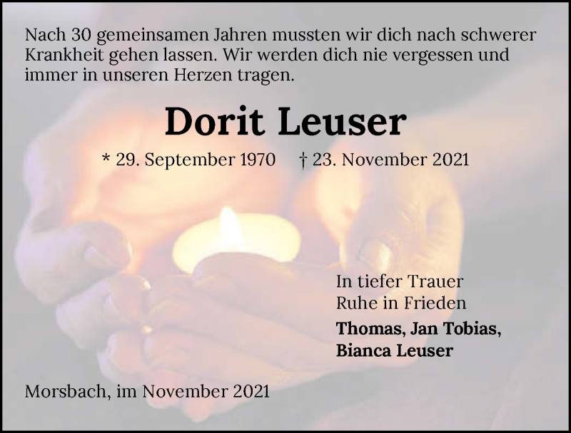  Traueranzeige für Dorit Leuser vom 27.11.2021 aus GESAMT