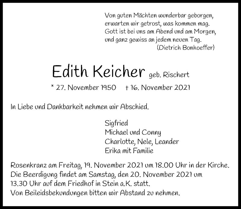  Traueranzeige für Edith Keicher vom 18.11.2021 aus GESAMT