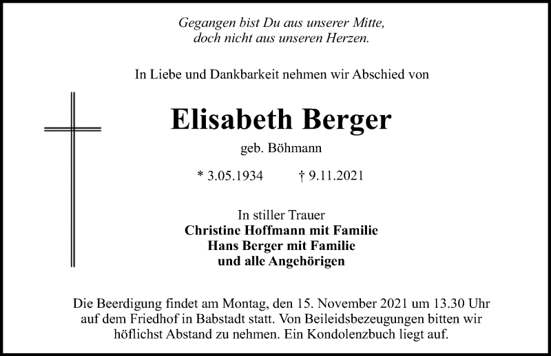  Traueranzeige für Elisabeth Berger vom 13.11.2021 aus GESAMT