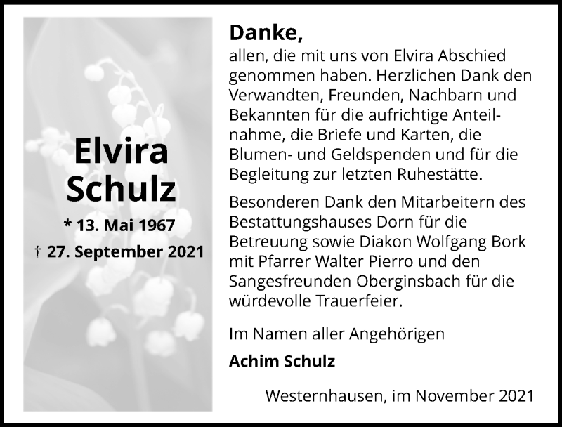 Traueranzeige für Elvira Schulz vom 17.11.2021 aus GESAMT
