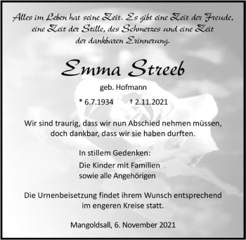 Traueranzeige von Emma Streeb von GESAMT