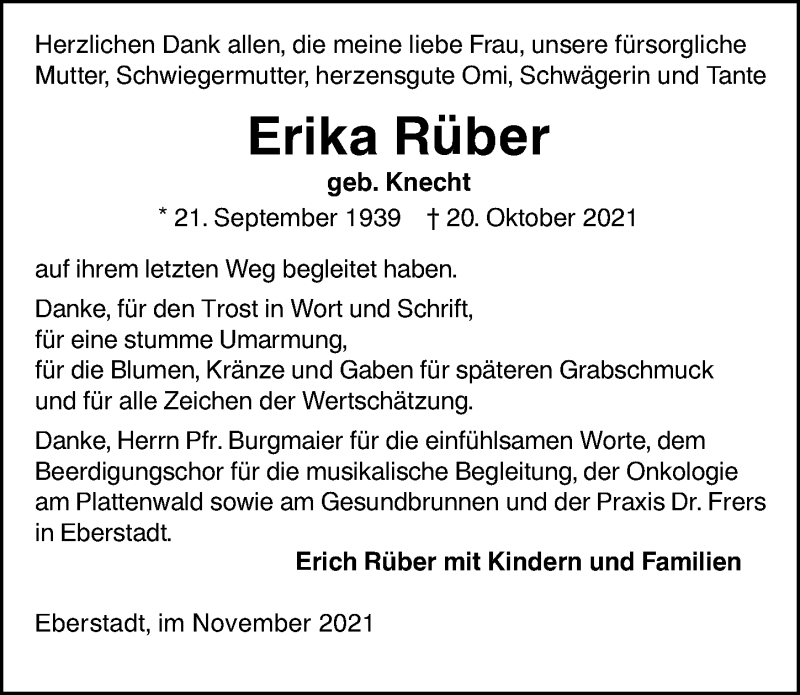  Traueranzeige für Erika Rüber vom 20.11.2021 aus GESAMT