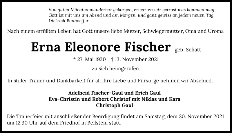  Traueranzeige für Erna Eleonore Fischer vom 18.11.2021 aus GESAMT