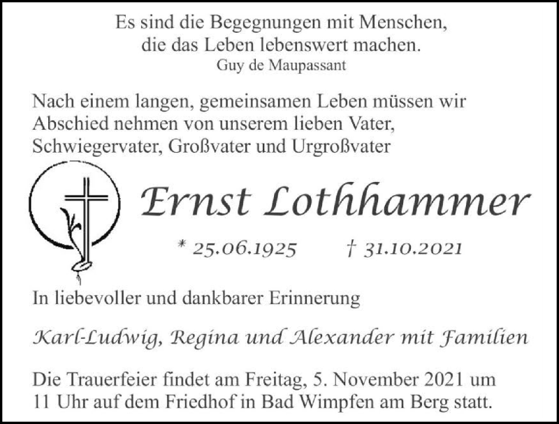  Traueranzeige für Ernst Lothhammer vom 03.11.2021 aus GESAMT