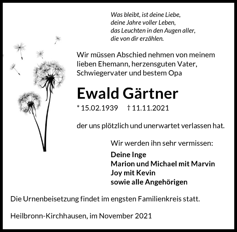  Traueranzeige für Ewald Gärtner vom 17.11.2021 aus GESAMT